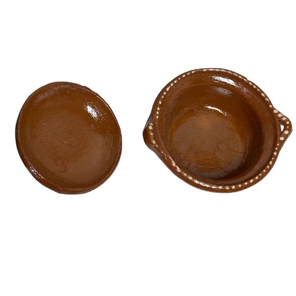 Handmade Terracotta Lidded Bowl | Mexican Folk Pottery Cazuela Repaired Handle - Picture 5 of 9
